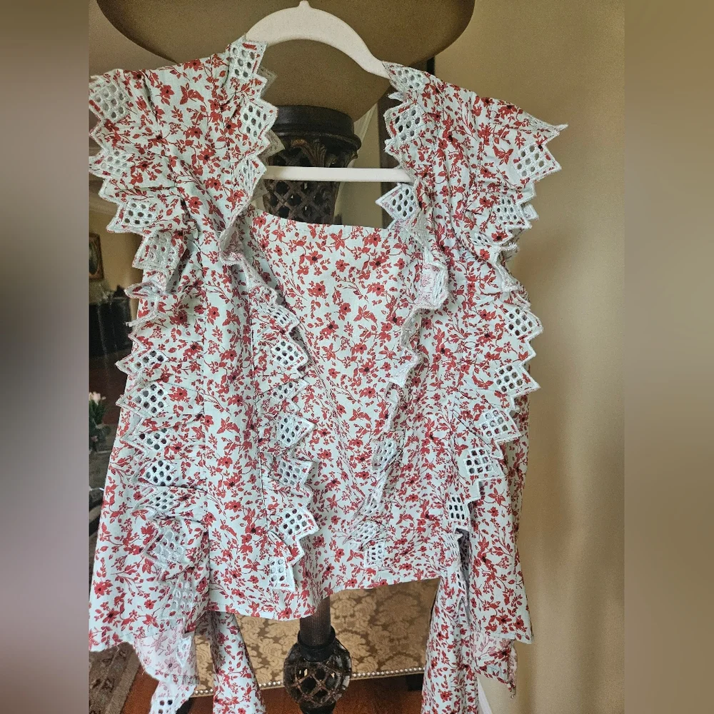 NWOT Anthropologie Blue Tassel Trina floral dark red/ mint embroidered top - Picture 9 of 14